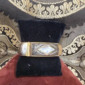 VTG Damascene Gold Tone Bracelet w/ MOP Inlaid & Ornate Carving